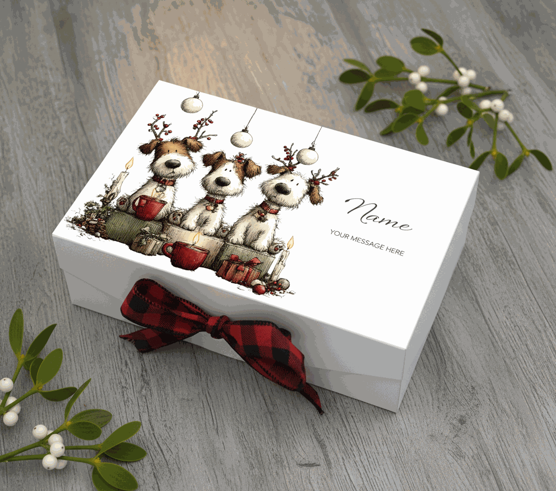 Greeting card with Christmas-themed illustrations of dogs and reindeer on a white background.