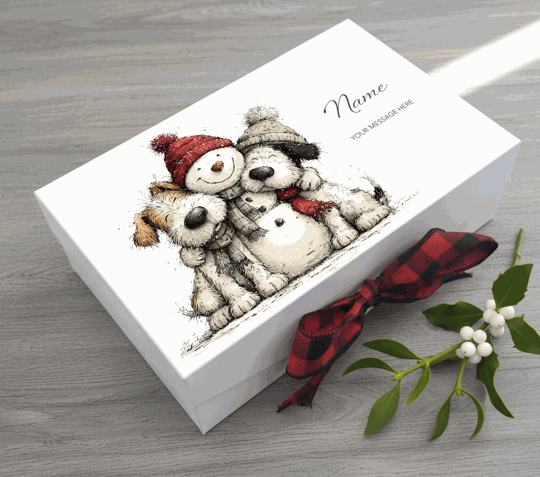 Card with cartoon dogs and a snowman, featuring a red and black checkered ribbon on a white background.