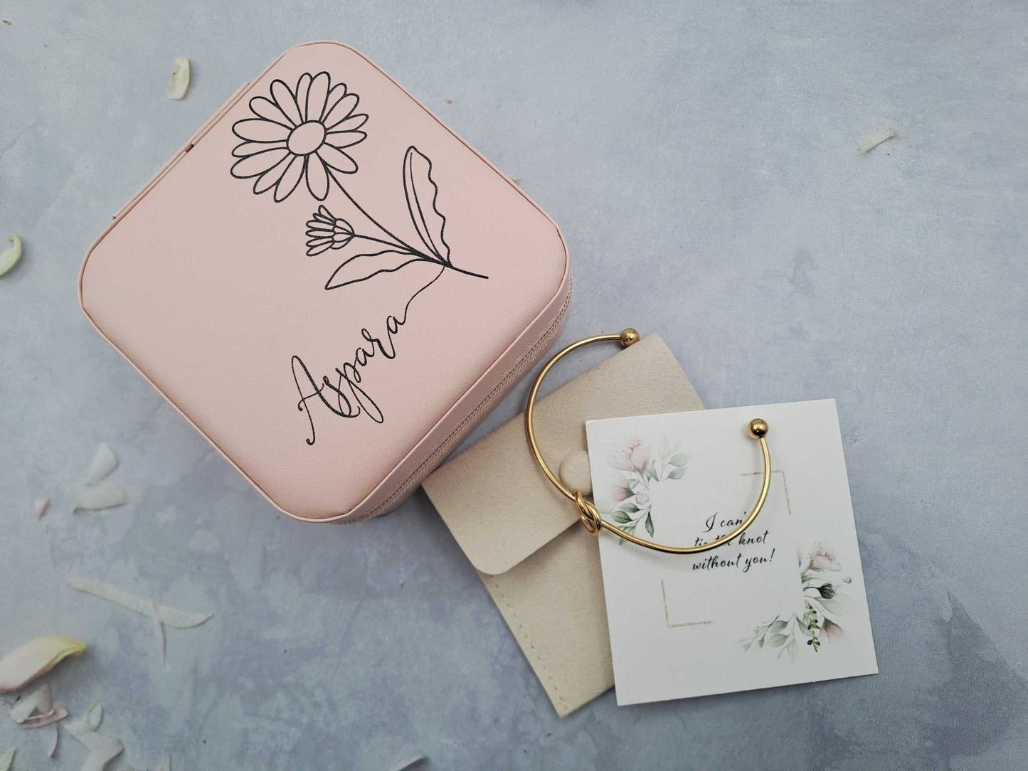 Personalised pink birth flower jewellery box and gold bridesmaid proposal bangle with suede pouch and floral card