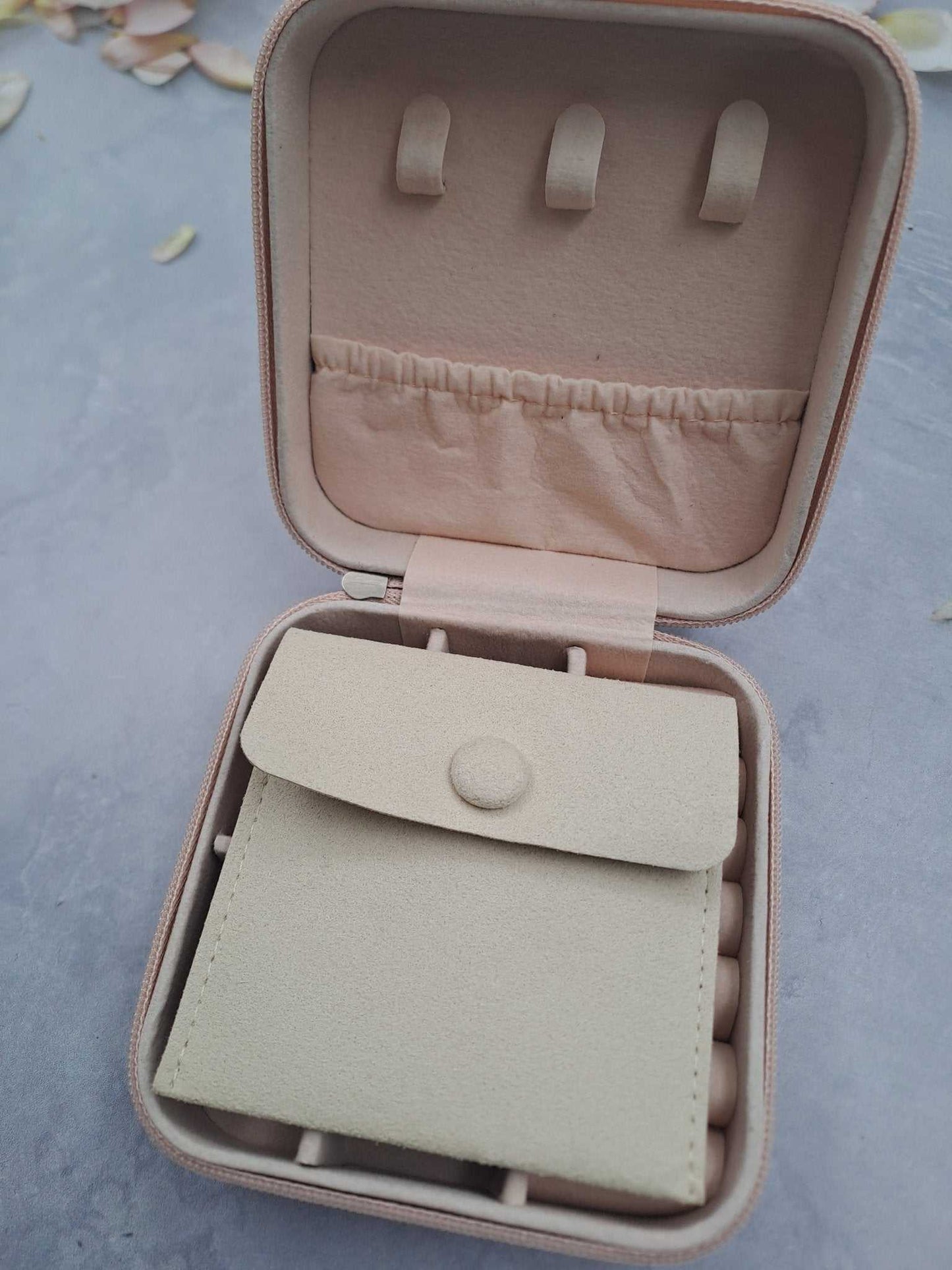 Personalised beige bridesmaid proposal jewellery box gift bundle with suede pouch and bangle compartments