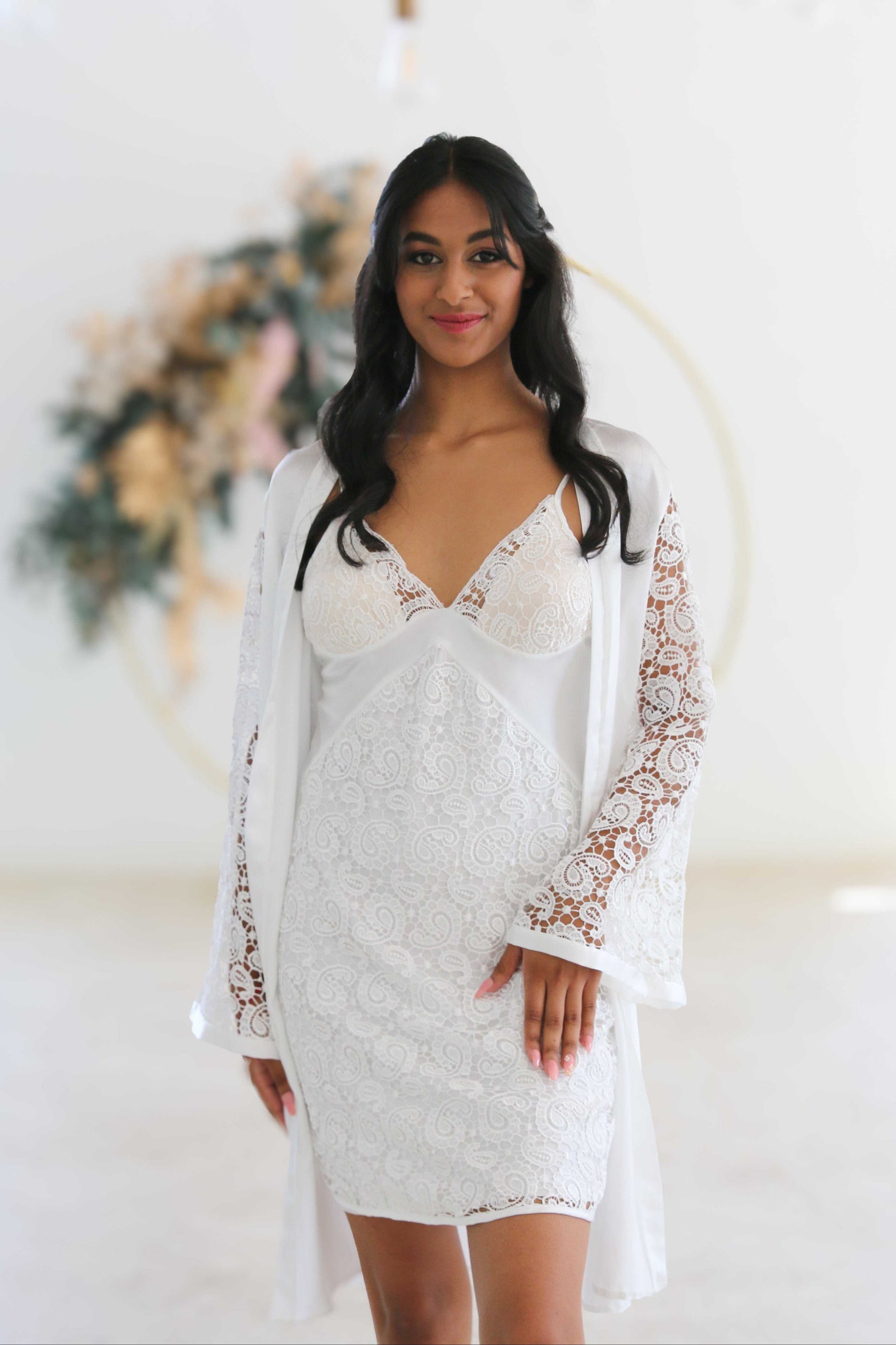 Genna Lace Bridal gown set featuring satin and delicate lace overlay for elegant bridal nightwear