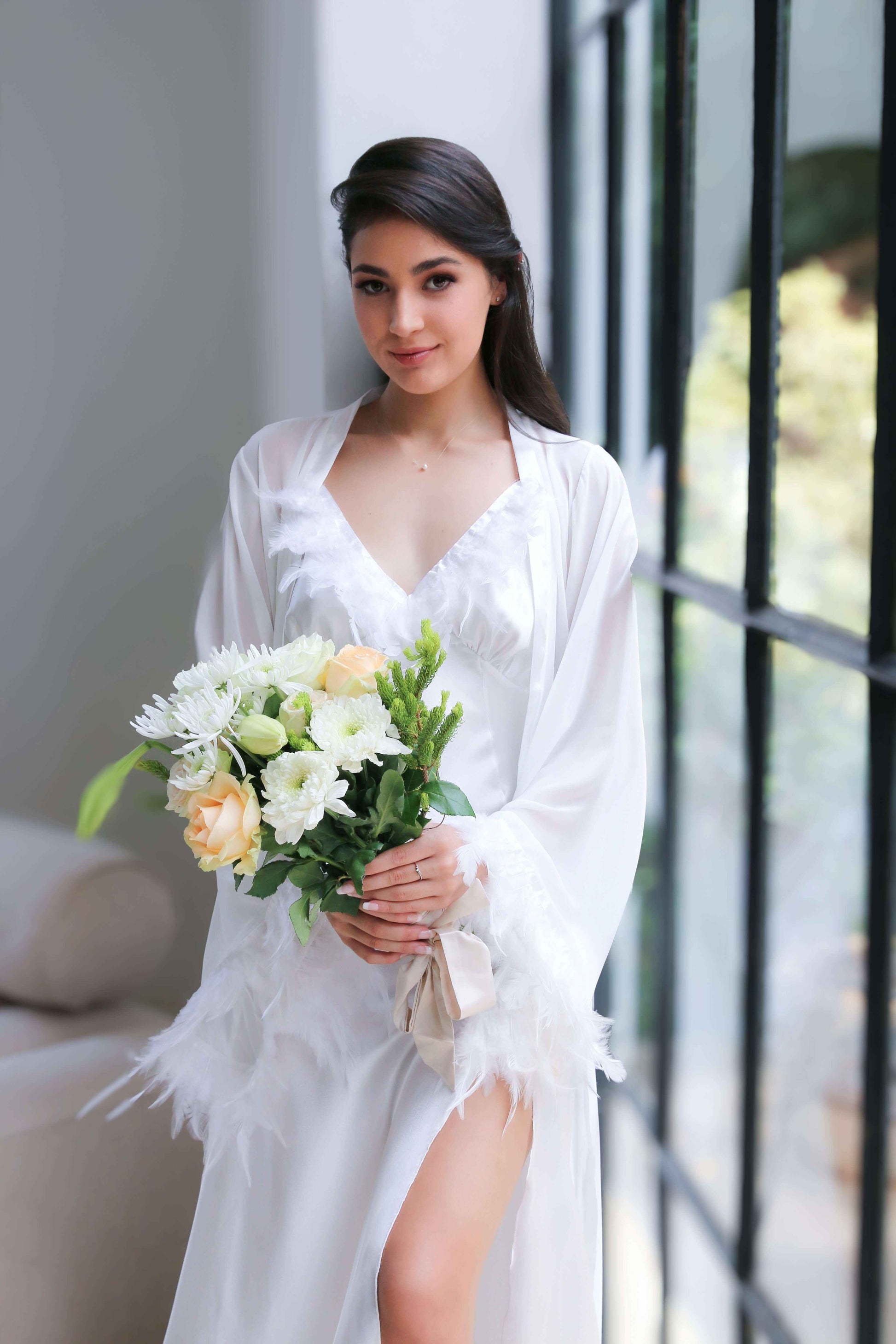 Bridal Robe with Feathers Two Piece Luxury Gown Chiffon Robe