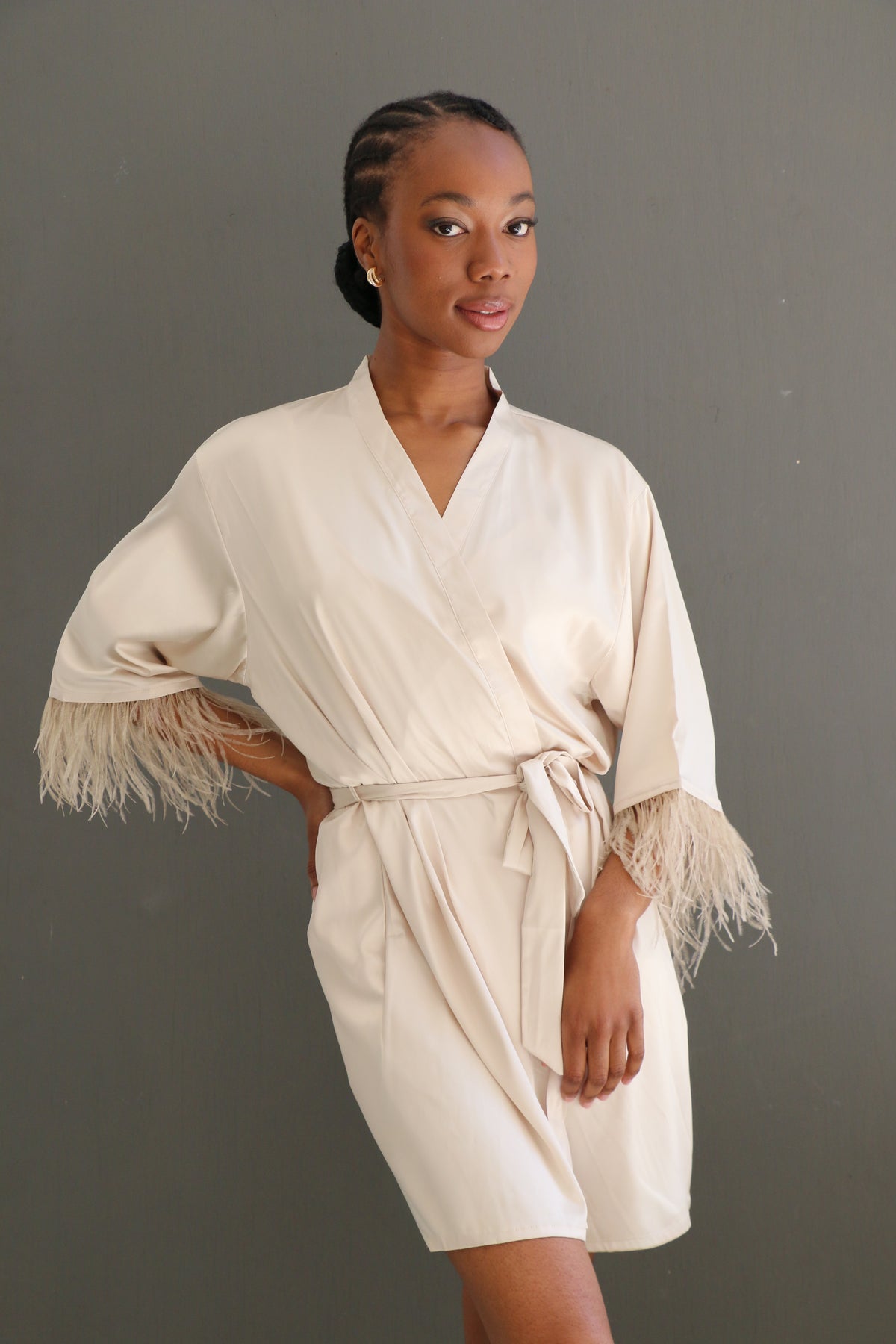 Feather cuff satin robe