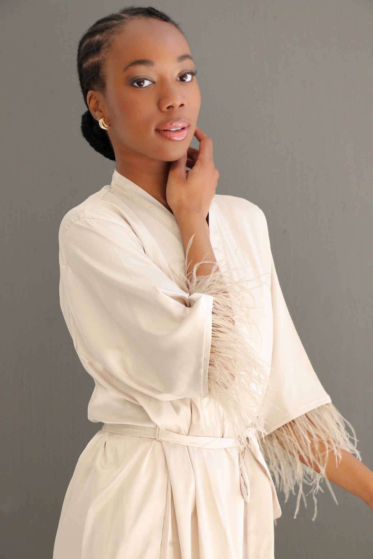 Feather cuff satin robe