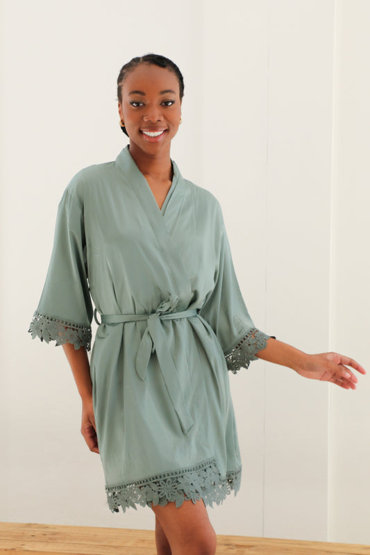 Sage satin and lace robe