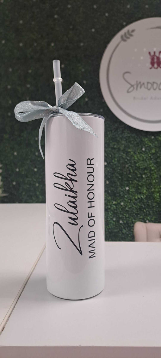 Personalised double wall stainless steel tumbler with straw and bow, Maid of Honour text