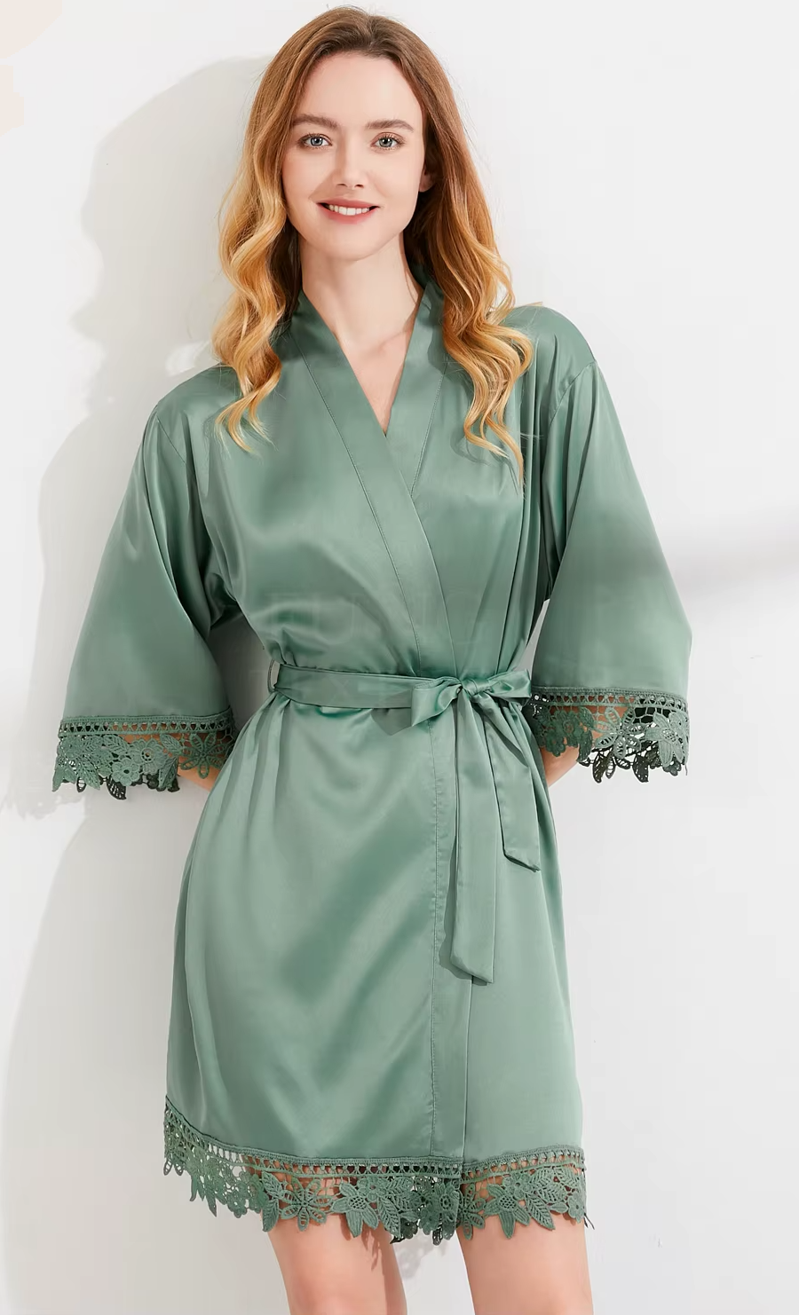 Sage satin and lace robe