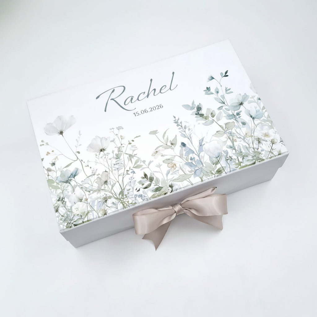 Gift box with floral design and ribbon on a white background