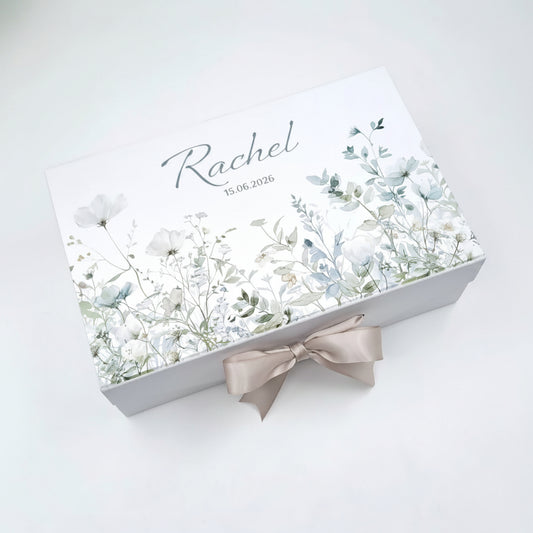 Gift box with floral design and ribbon on a white background