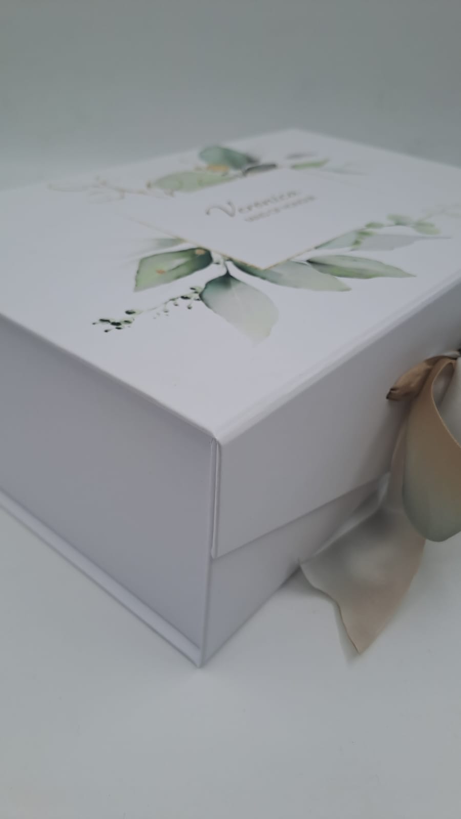 White shoe box with green leaf design on a white background