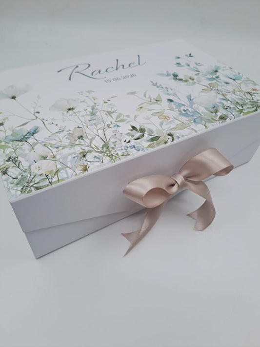 Gift box with floral design and ribbon on a white background