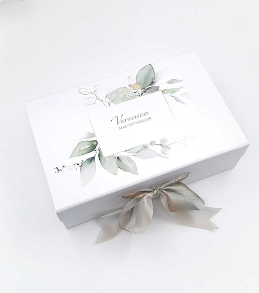 White rigid card Personalised Deluxe Bride Gift Box- Smooches Bridal and Gifts with sage botanical leaves, a custom name card and satin ribbon bow.