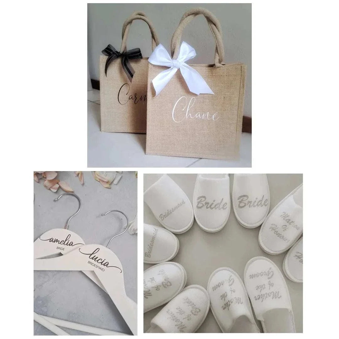 Personalized bridal party gift bundle featuring jute beach totes with bows, engraved wooden hangers, and white disposable slippers with bridal titles.