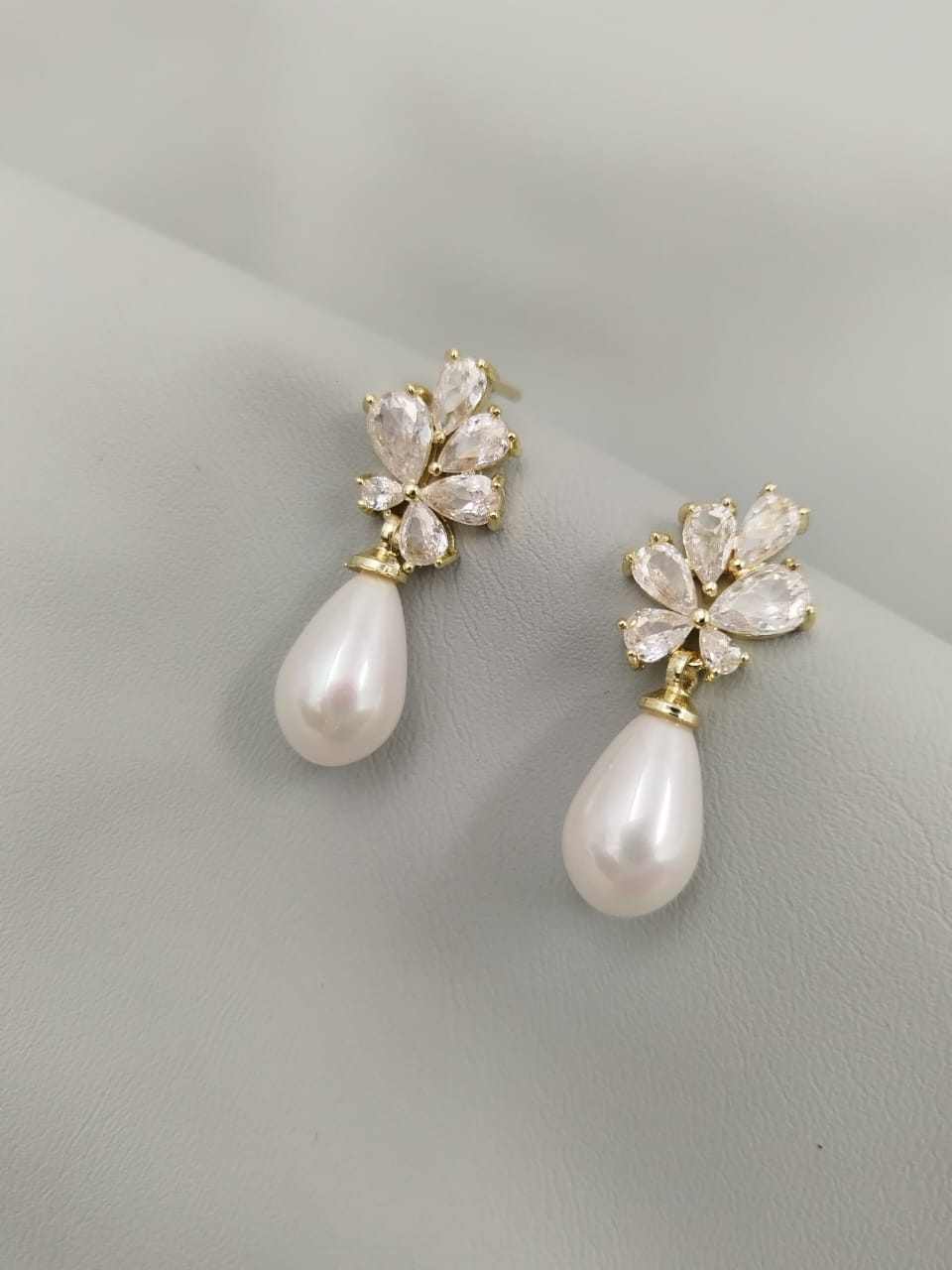 Bridal drop earrings, Suzette faux Pearl earrings with gold-tone crystal floral tops and pear-shaped faux pearls.