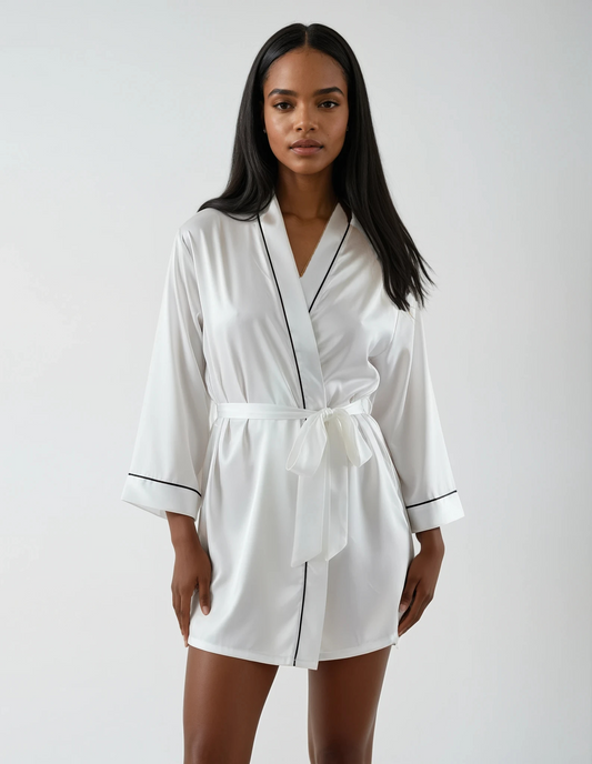 A woman modeling a white satin-like robe with thin black piping trim, featuring a tie belt at the waist and three-quarter sleeves, against a plain light gray studio background.