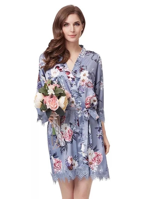 Blue Grey Floral Satin and lace Robe - Smooches Bridal