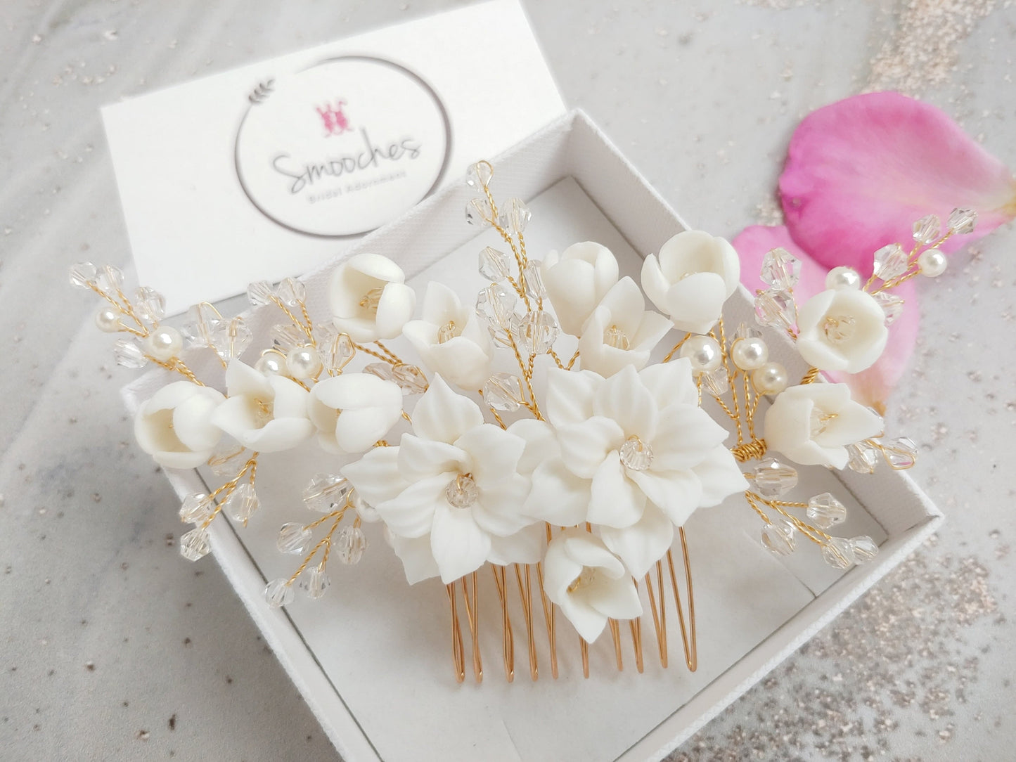 Ceramic flower bridal hair comb - Smooches Bridal