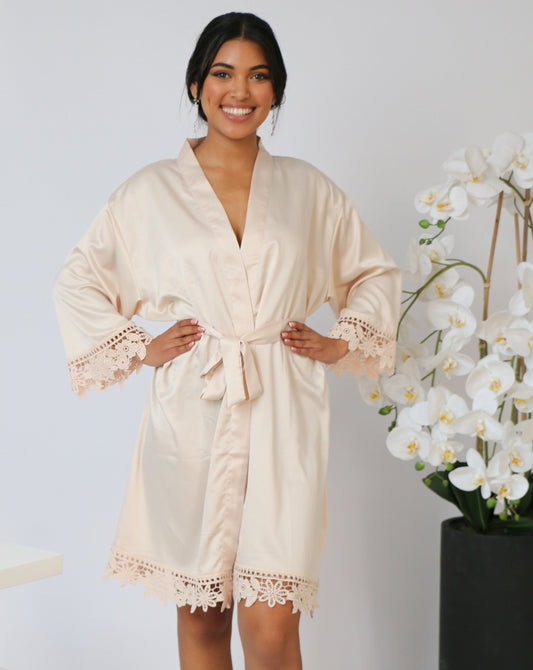 Champagne Satin and Lace Robe - Smooches Bridal