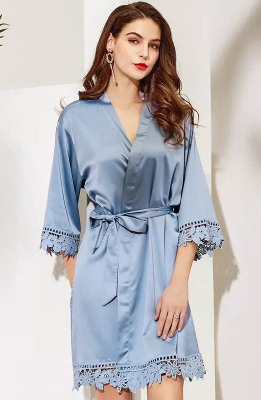 Dusty Blue satin and lace robe - Smooches Bridal