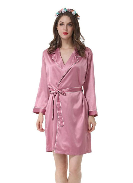 Dusty Pink Satin Robe in lustrous pink satin, with a shawl collar, long sleeves, contrast piping and tie belt.