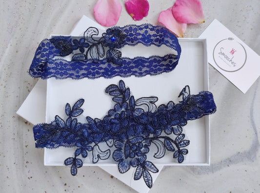 Michelle Navy Blue Garter Set - Smooches Bridal