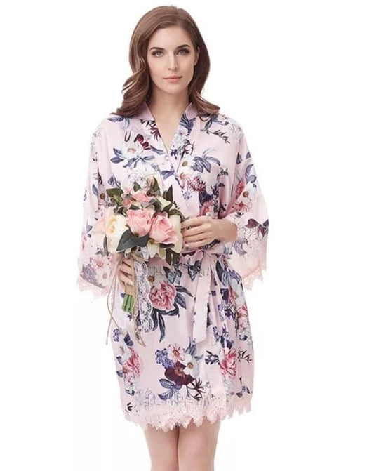 Pink Floral Satin Robe - Smooches Bridal