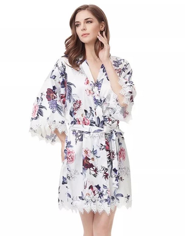 White floral Satin and lace Robe - Smooches Bridal